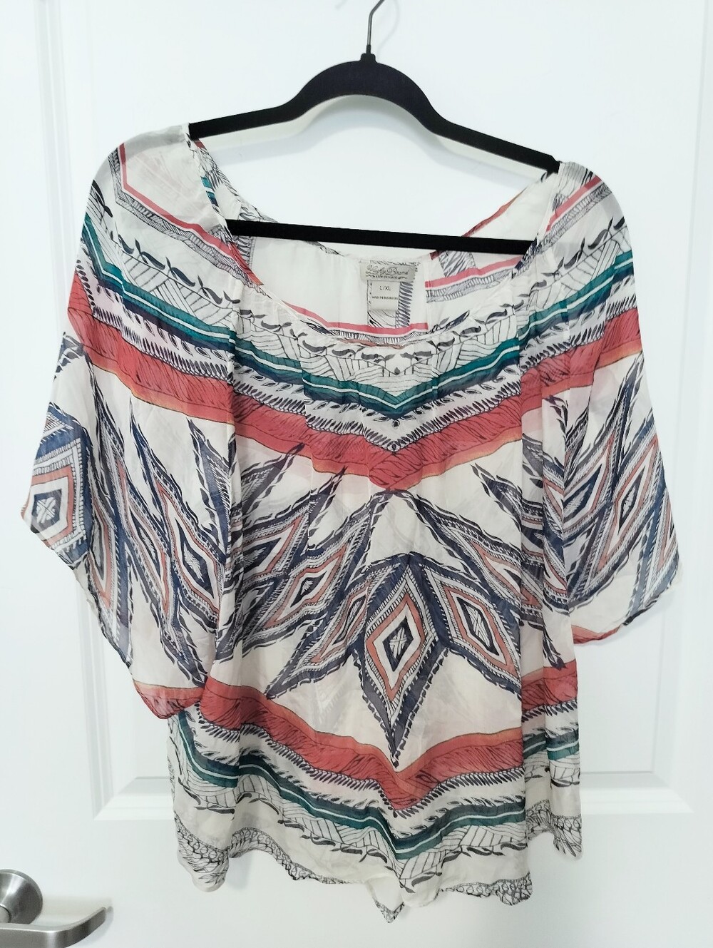 Lucky Brand Women's L/XL Sheer Boho Geometric Poncho Blouse Top